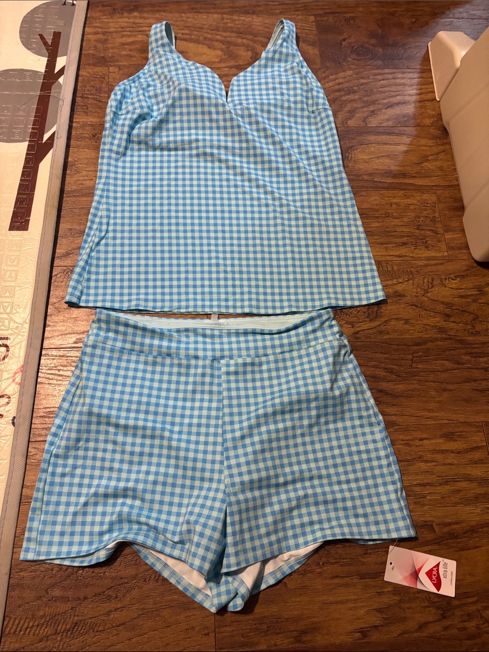 Light Blue Gingham Two-Piece swim Tank & Shorts Set